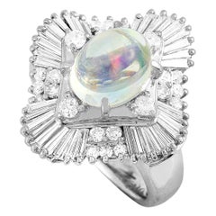 Round and Tapered Baguette Diamonds and Opal Platinum Ring