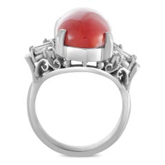 Round and Tapered Baguette Diamonds and Oval Coral Platinum Ring