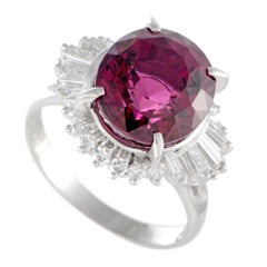 Round and Tapered Baguette Diamonds and Oval Pink Tourmaline Platinum Ring