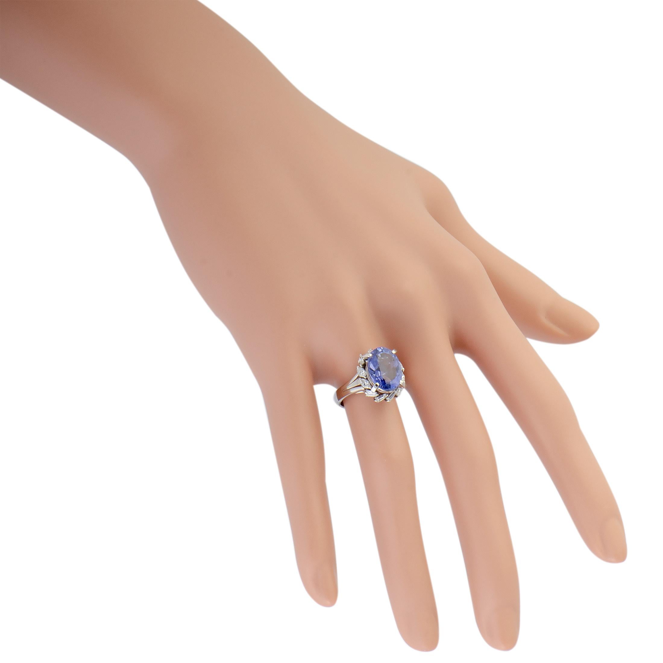 Women's Round and Tapered Baguette Diamonds and Oval Sapphire Platinum Ring