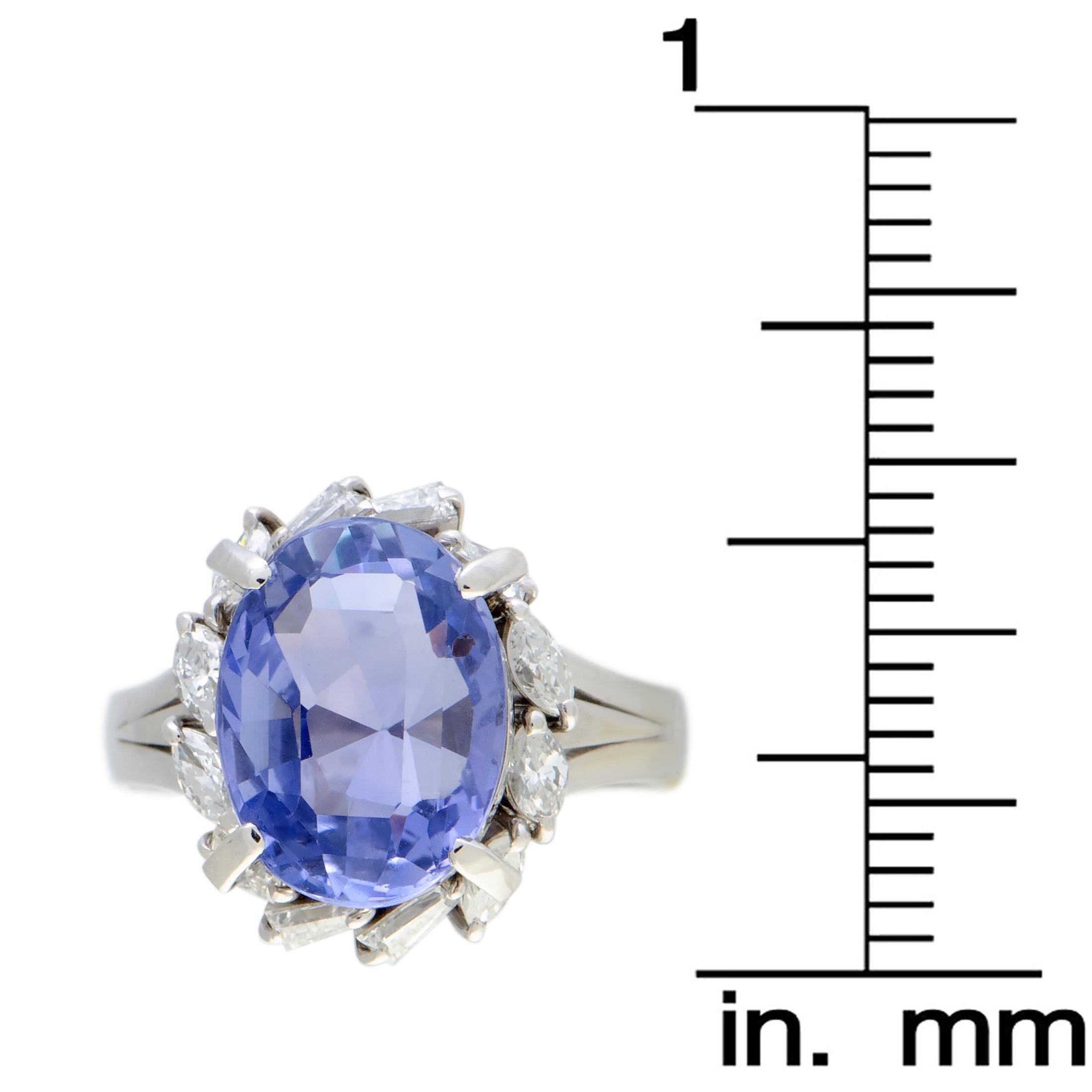 Round and Tapered Baguette Diamonds and Oval Sapphire Platinum Ring 1