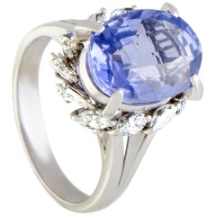 Round and Tapered Baguette Diamonds and Oval Sapphire Platinum Ring