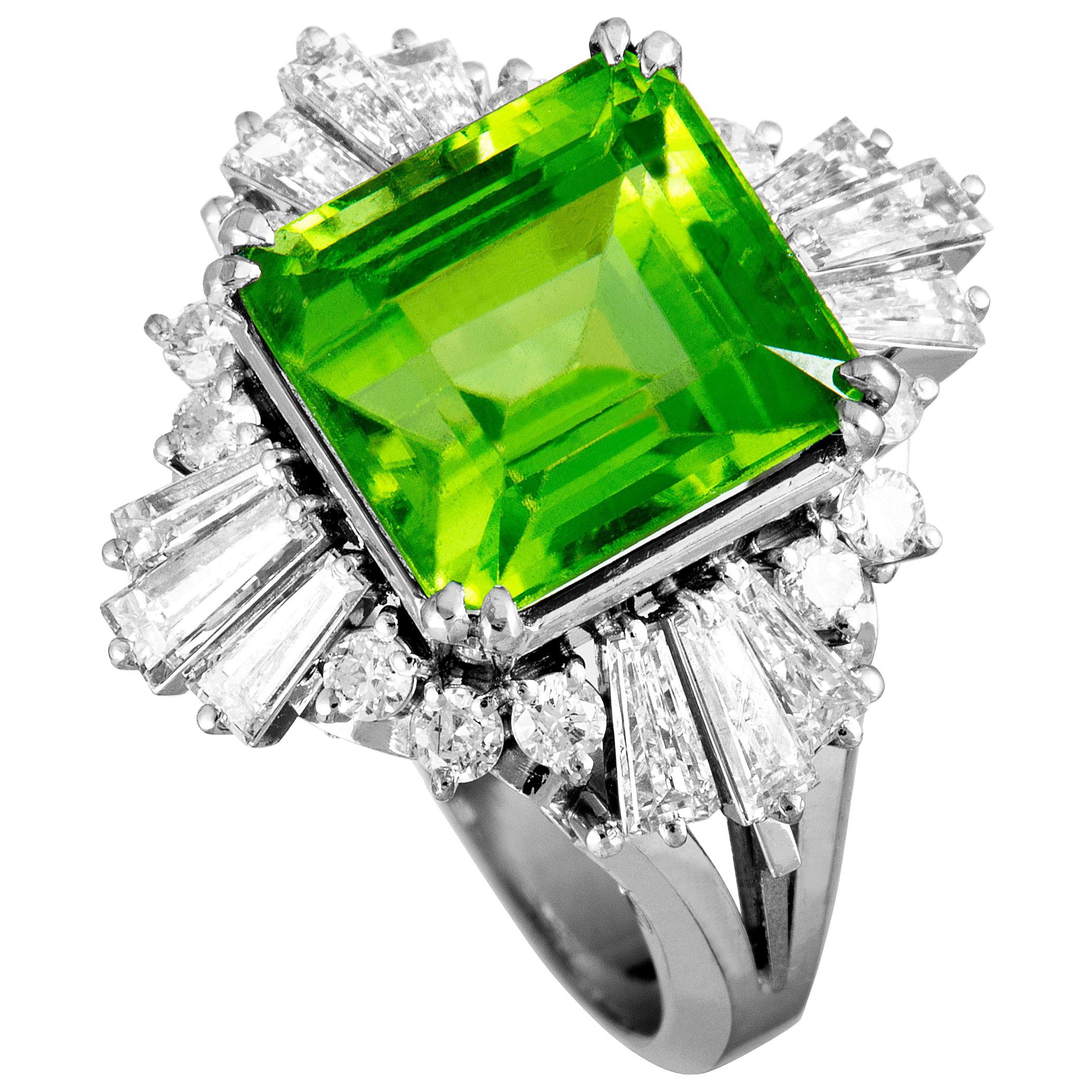 Round and Tapered Baguette Diamonds and Peridot Ring