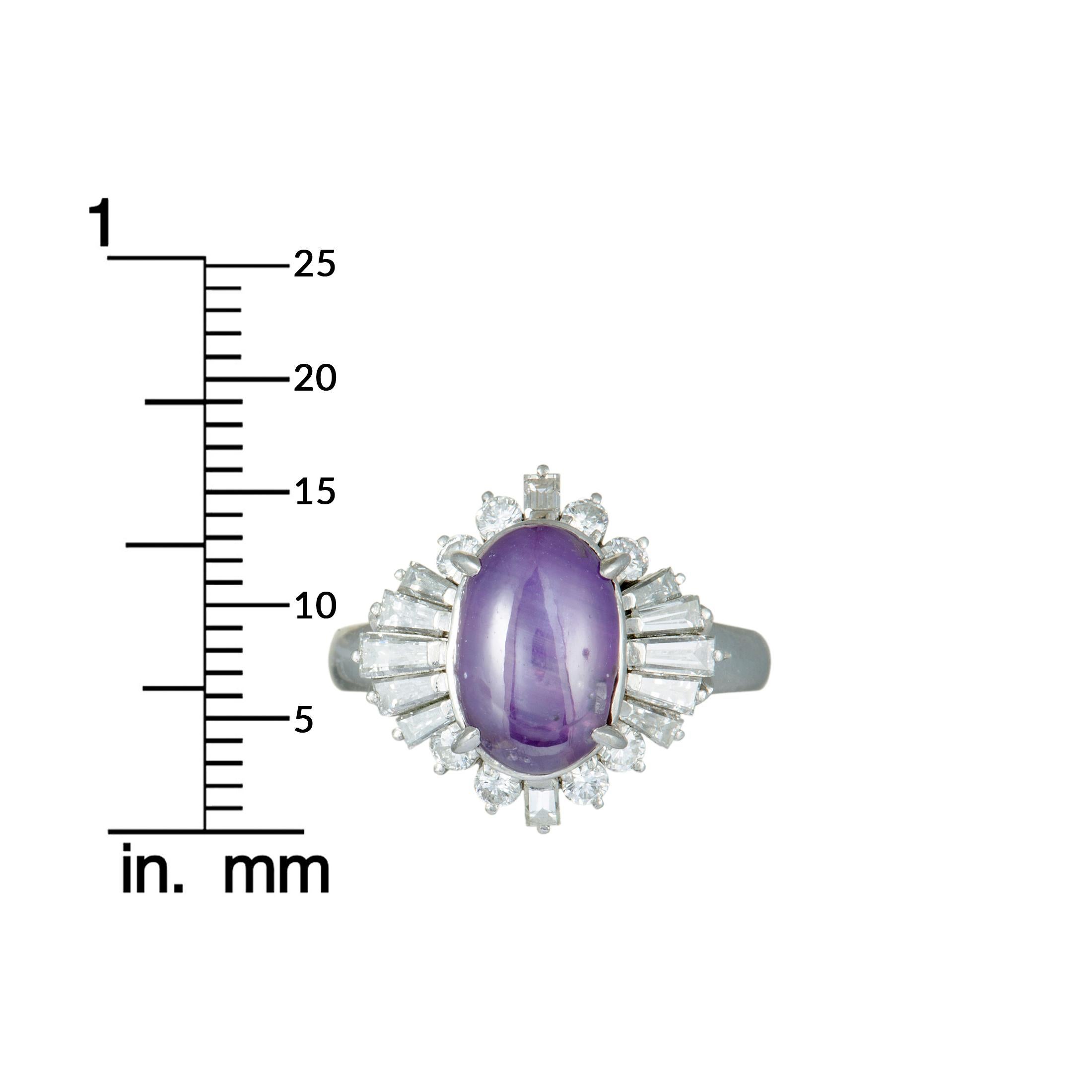 Round and Tapered Baguette Diamonds and Purple Sapphire Cabochon Platinum Ring 2