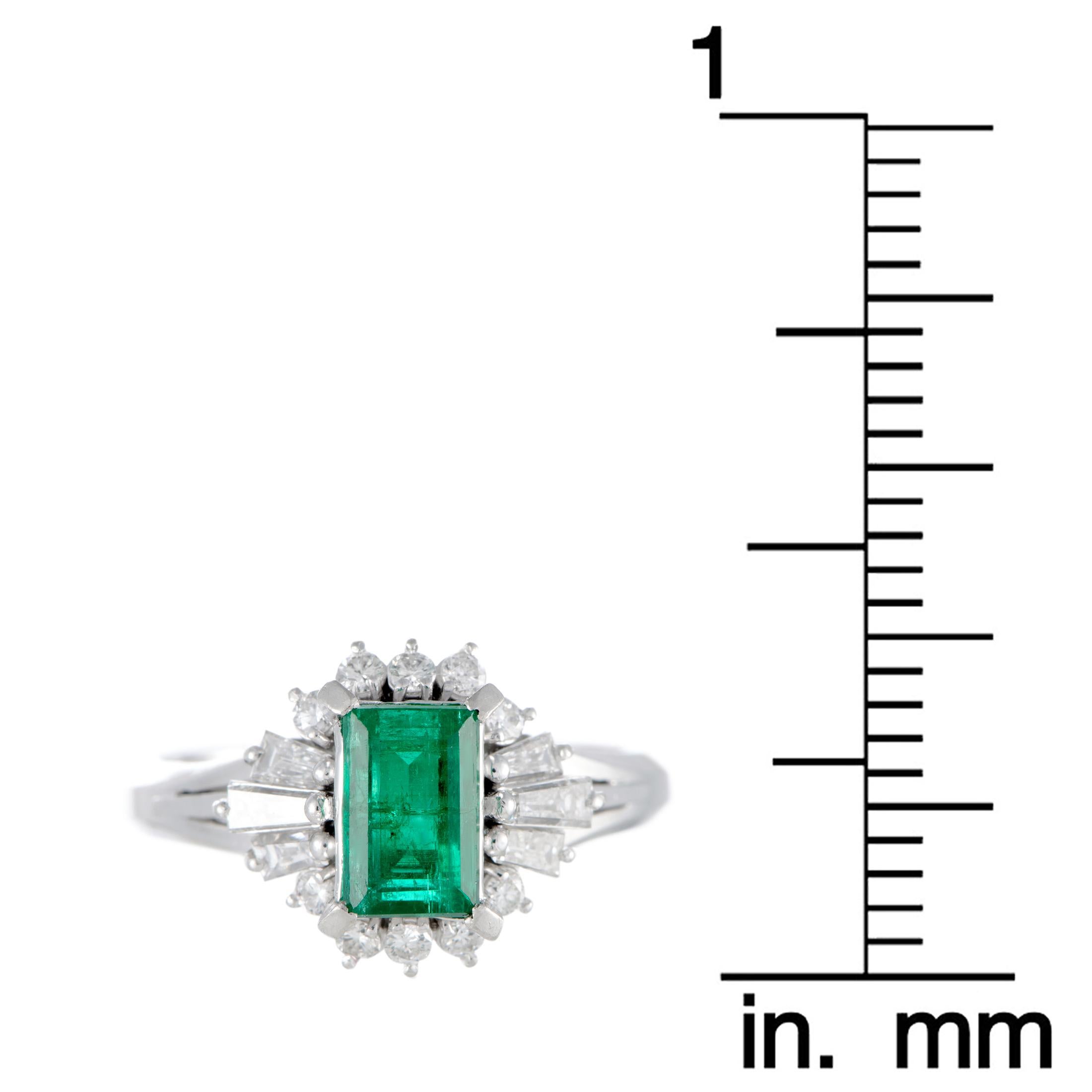 Women's Round and Tapered Baguette Diamonds and Rectangle Emerald Small Platinum Ring