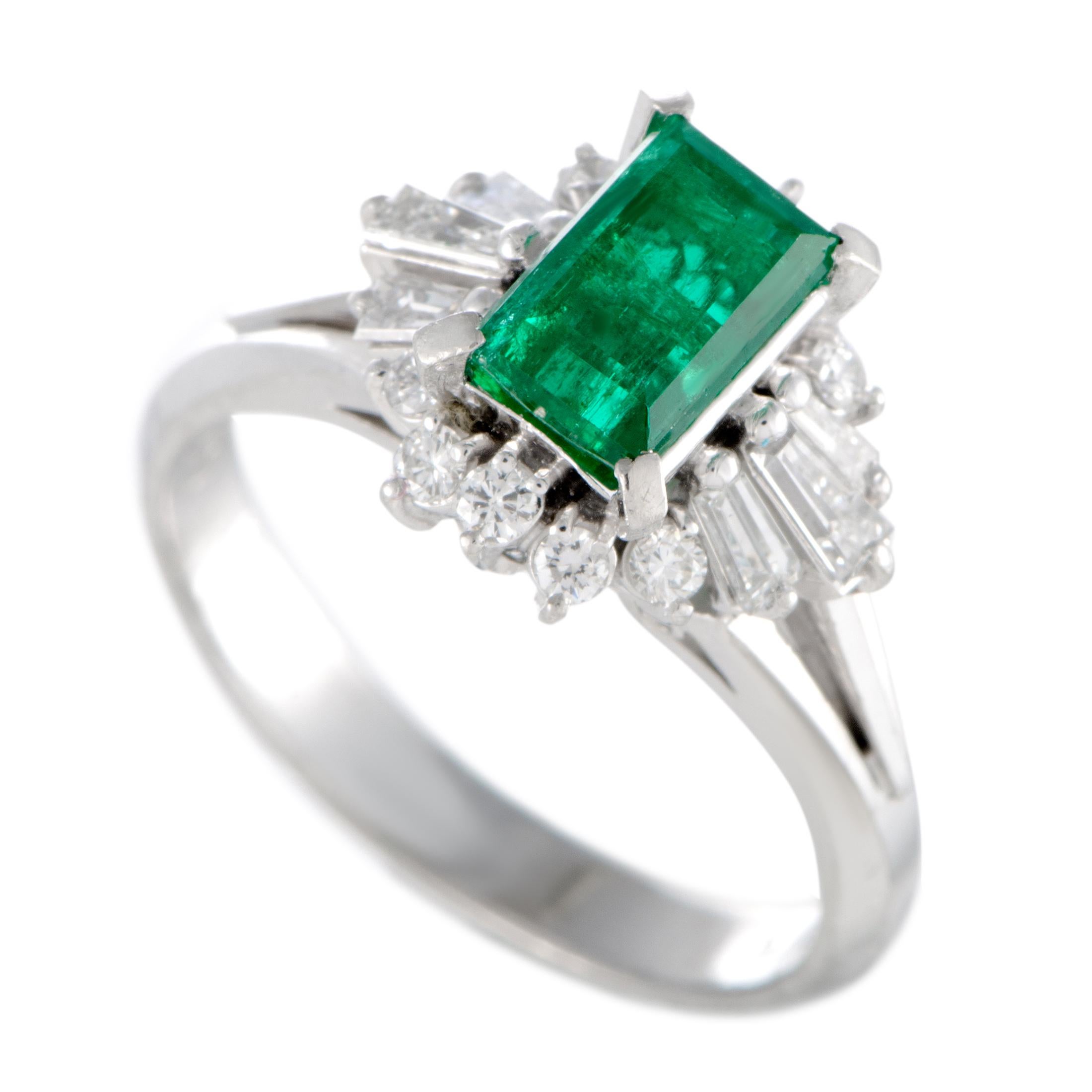 Round and Tapered Baguette Diamonds and Rectangle Emerald Small Platinum Ring