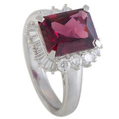 Round and Tapered Baguette Diamonds and Rectangle Garnet Platinum Ring