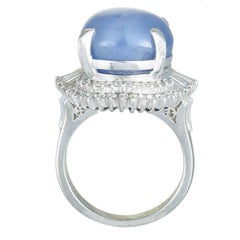 Round and Tapered Baguette Diamonds and Round Sapphire Cabochon Platinum Ring