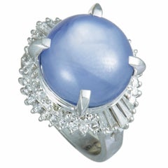 Round and Tapered Baguette Diamonds and Round Sapphire Cabochon Platinum Ring 