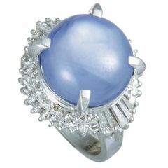 Round and Tapered Baguette Diamonds and Round Sapphire Cabochon Platinum Ring