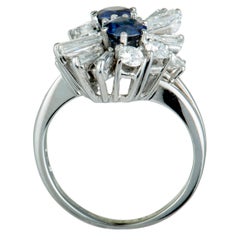 Round and Tapered Baguette Diamonds and Sapphire Oval Platinum Ring
