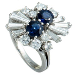 Round and Tapered Baguette Diamonds and Sapphire Oval Platinum Ring