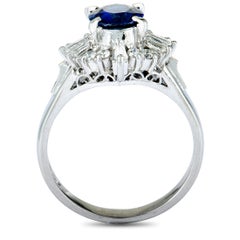 Round and Tapered Baguette Diamonds and Sapphire Platinum Ring