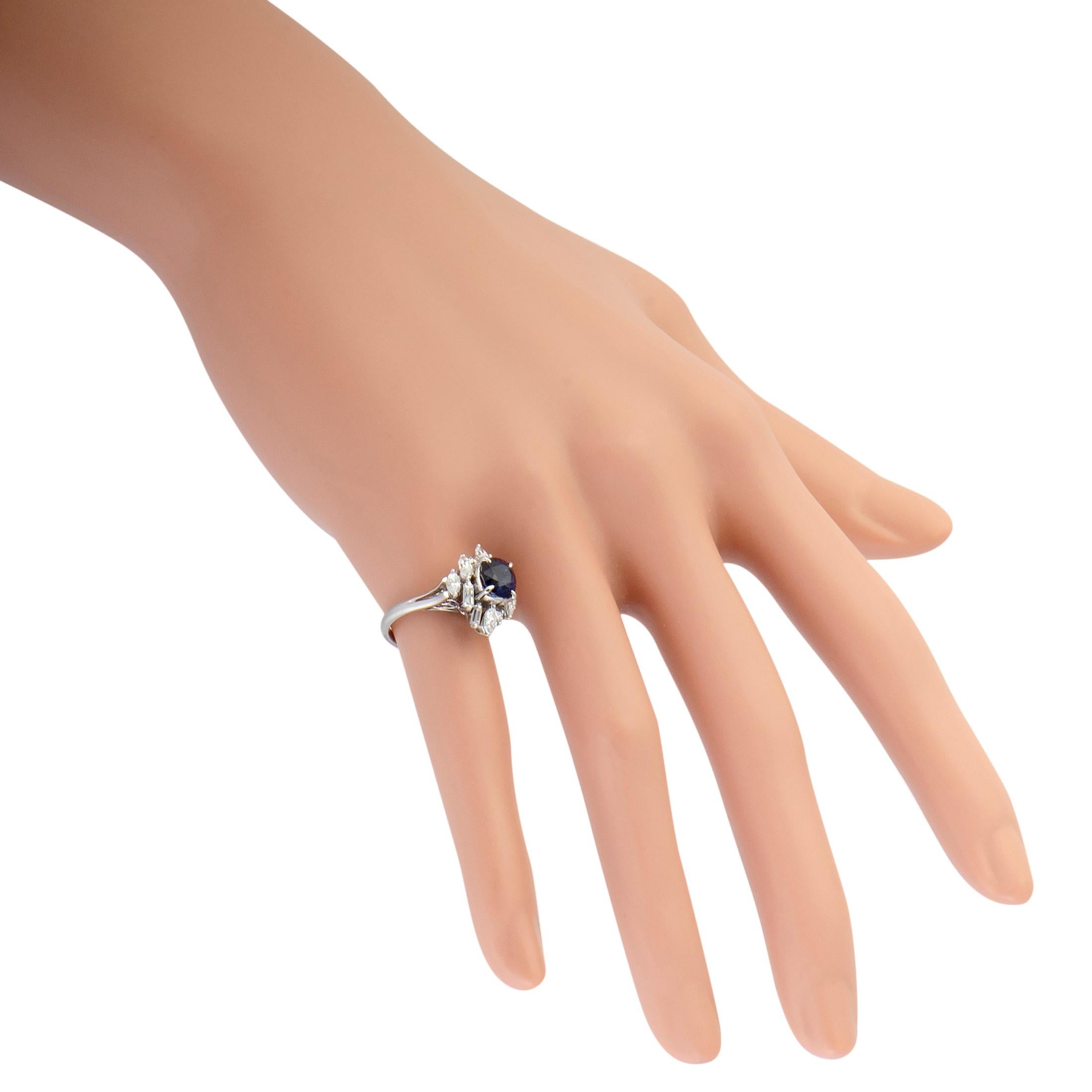 Women's Round and Tapered Baguette Diamonds and Sapphire Platinum Ring