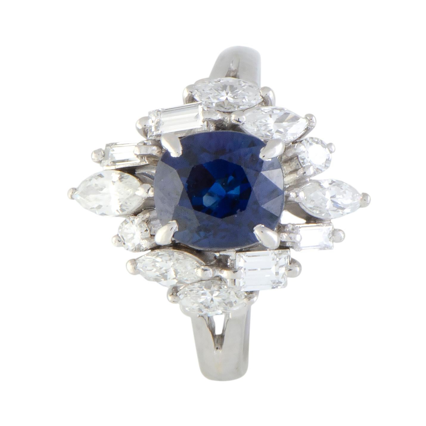 Round and Tapered Baguette Diamonds and Sapphire Platinum Ring 1