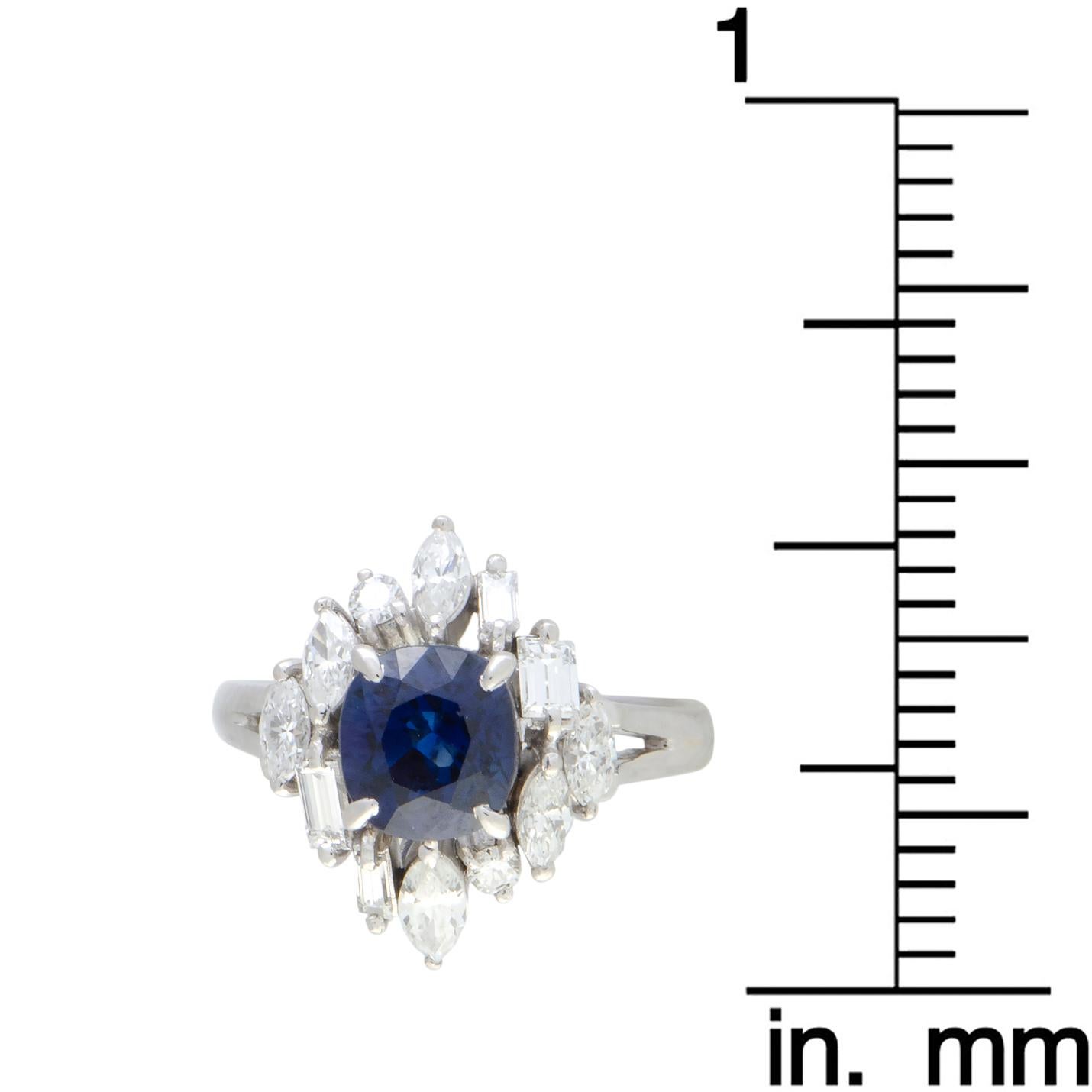 Round and Tapered Baguette Diamonds and Sapphire Platinum Ring 2