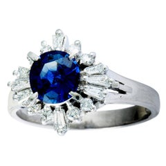 Round and Tapered Baguette Diamonds and Sapphire Platinum Ring