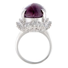 Round and Tapered Baguette Diamonds and Star Ruby Cabochon Oval Platinum Ring