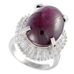 Round and Tapered Baguette Diamonds and Star Ruby Cabochon Oval Platinum Ring