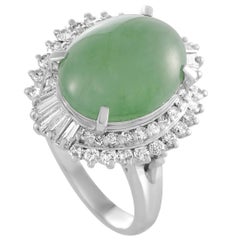 Round and Tapered Diamonds and Jade Oval Platinum Ring