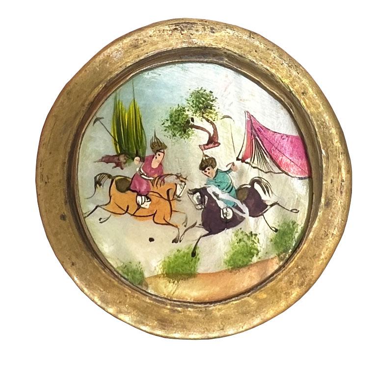 Moorish Round Antique Brass Pill Box with Hand Painted Mughal Design and Hidden Mirror For Sale