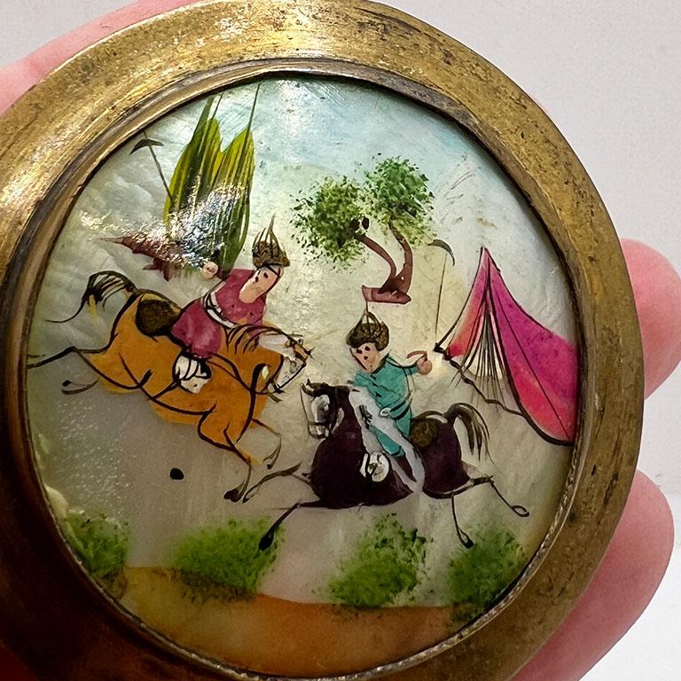 20th Century Round Antique Brass Pill Box with Hand Painted Mughal Design and Hidden Mirror For Sale