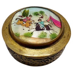 Round Antique Brass Pill Box with Hand Painted Mughal Design and Hidden Mirror