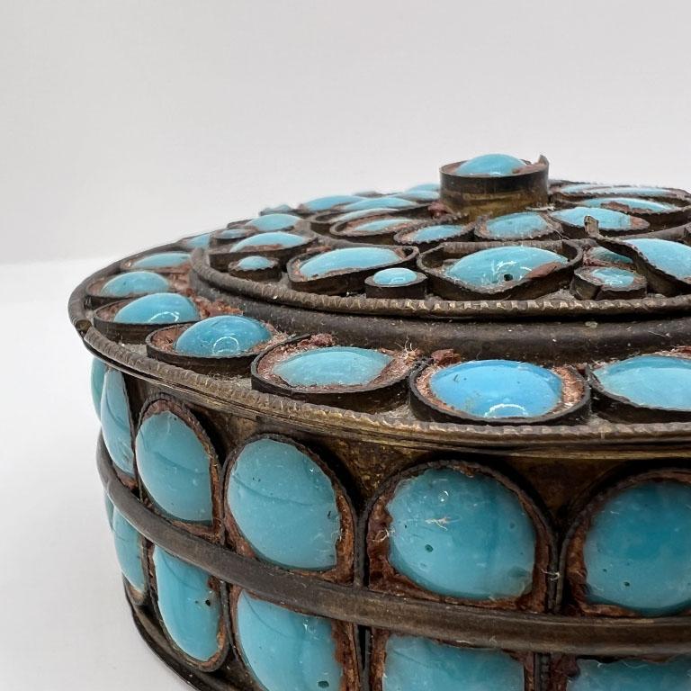 Round Antique Decorative Tibetan Stone Inlaid Box with Lid in Blue 2