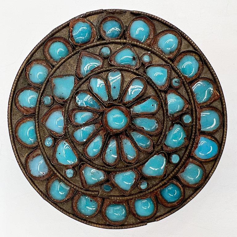 Round Antique Decorative Tibetan Stone Inlaid Box with Lid in Blue 3