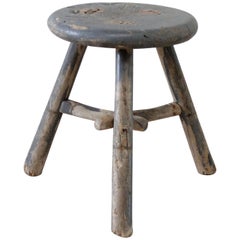 Round Antique Painted Gray Blue Elm Stool or Side Table