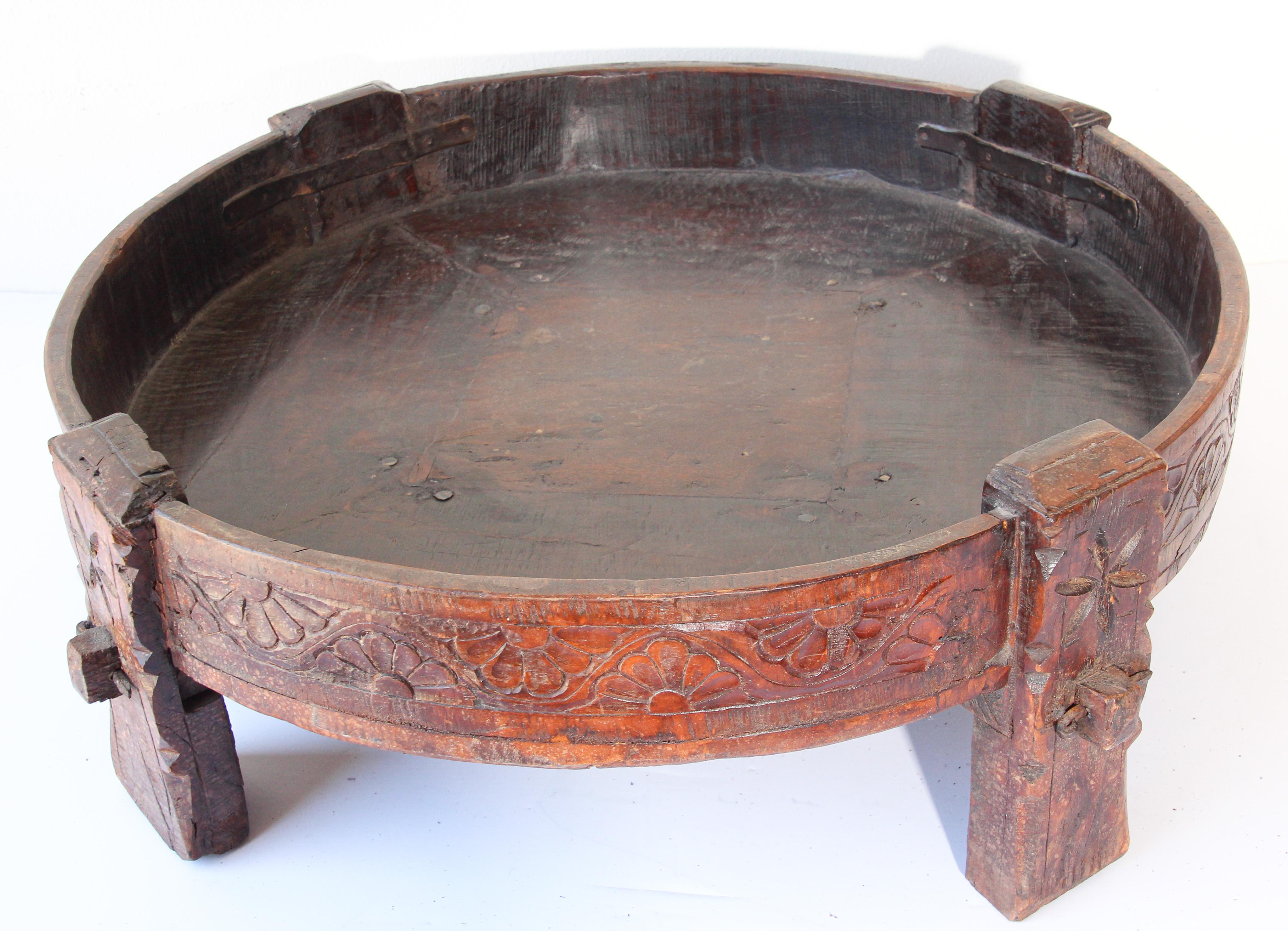 Indian Round Antique Tribal Low Teak Table
