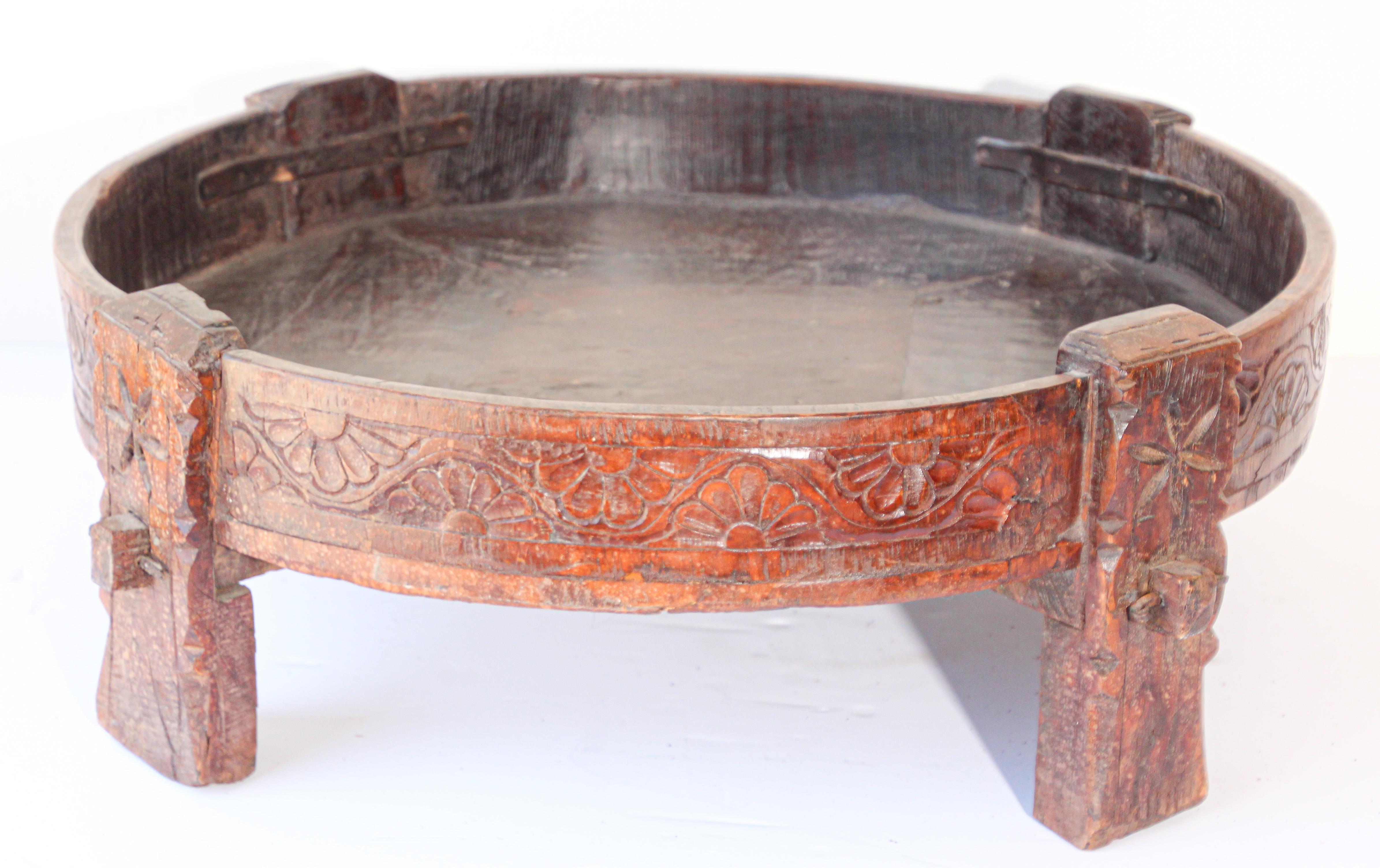 Round Antique Tribal Low Teak Table In Distressed Condition In North Hollywood, CA