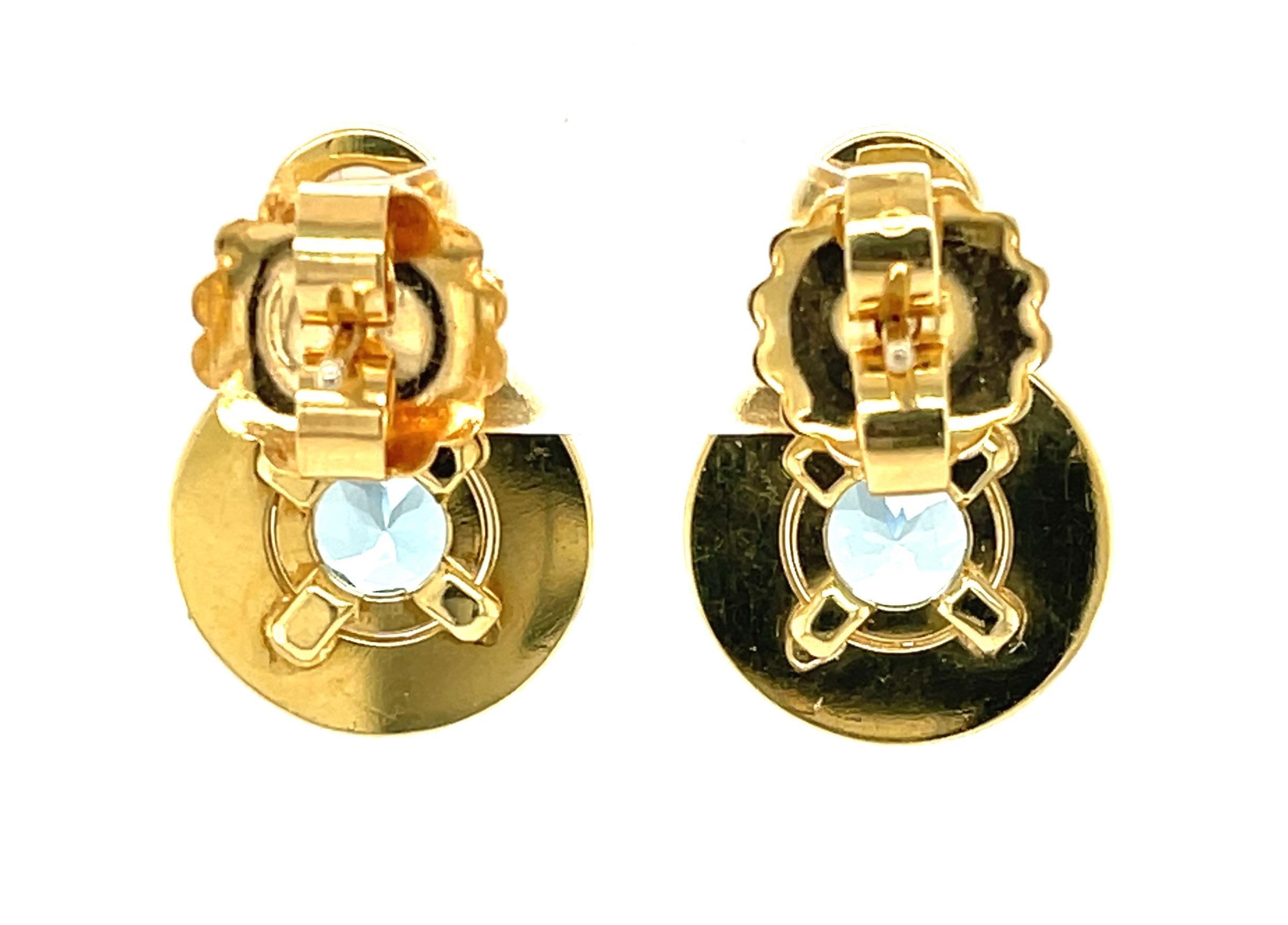 Artisan Aquamarine and Moonstone Hand-Engraved Yellow Gold Stud Earrings For Sale
