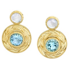 Round Aquamarine and Cabochon Moonstone Hand-Engraved Yellow Gold Post Earrings