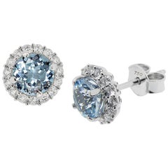 Round Aquamarine and Diamond Halo Stud Earrings