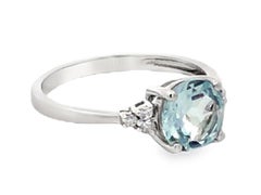 Round Aquamarine and Diamond Ring 14K White Gold
