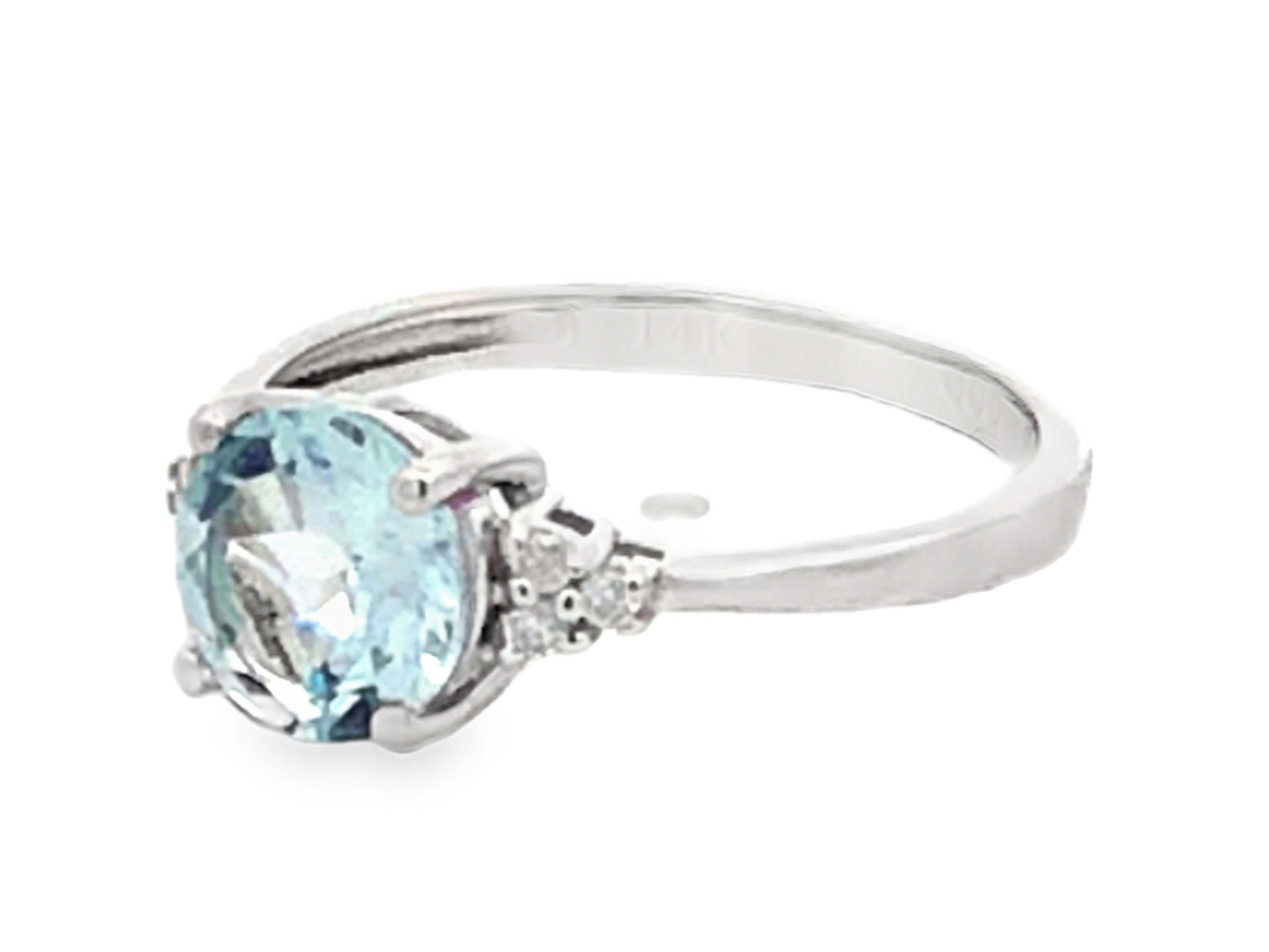 Anillo Aguamarina Redonda y Diamante Oro Blanco 14K Corte redondo en venta