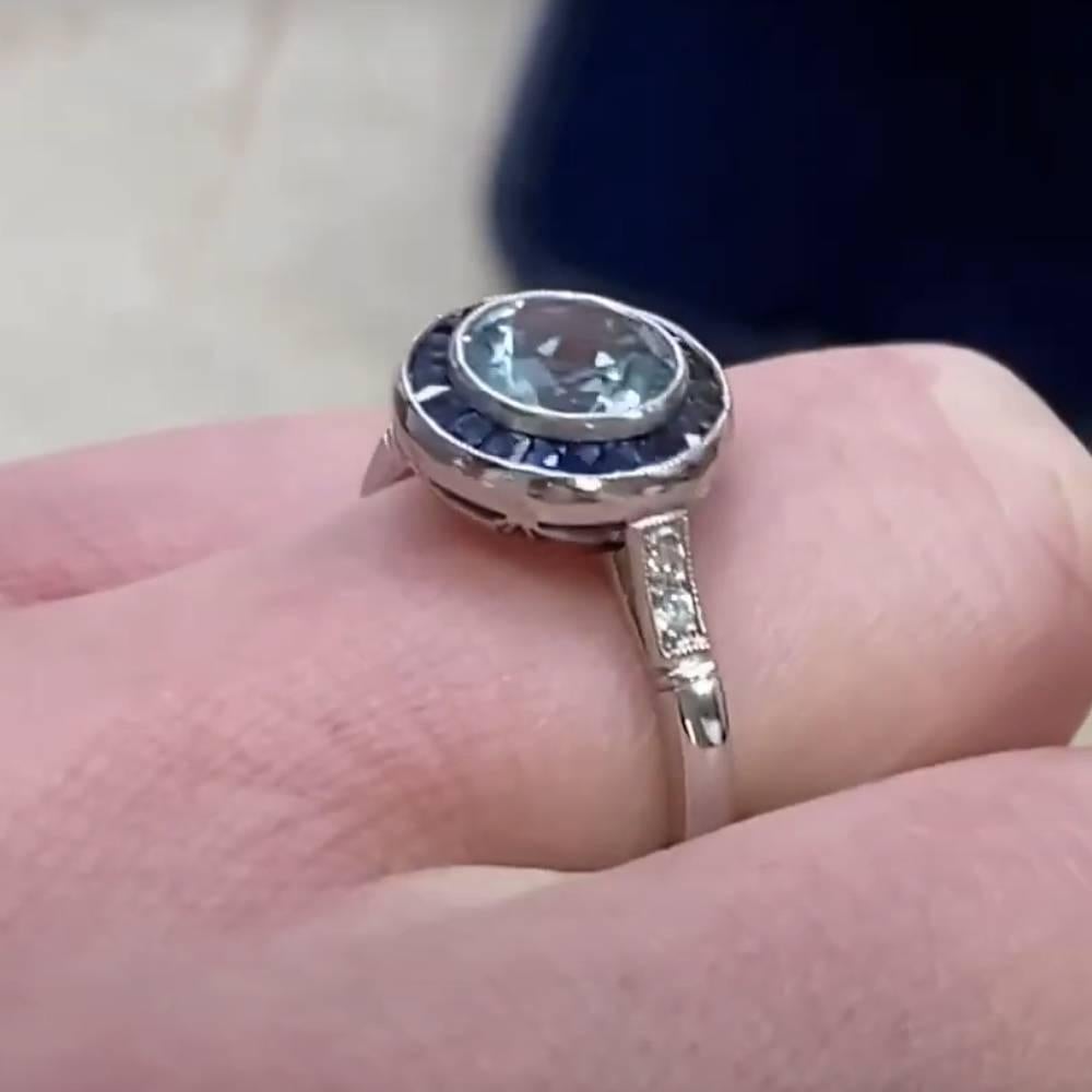 Round Cut Round Aquamarine and Sapphire Halo Ring (Approx. 1-Carats), Platinum For Sale
