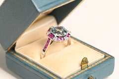 Vintage Round Aquamarine Bezel Halo Ruby Diamond Ring 2.60ct Platinum