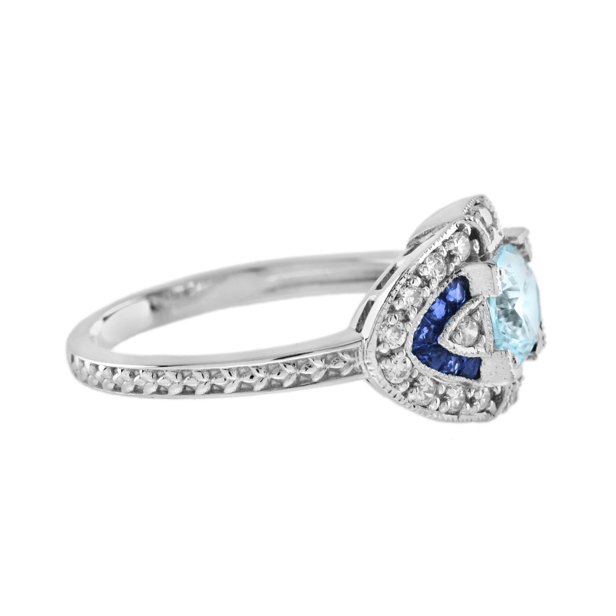 Anillo de compromiso de oro blanco de 14 quilates con aguamarina redonda y zafiro azul y diamantes Art Decó en venta