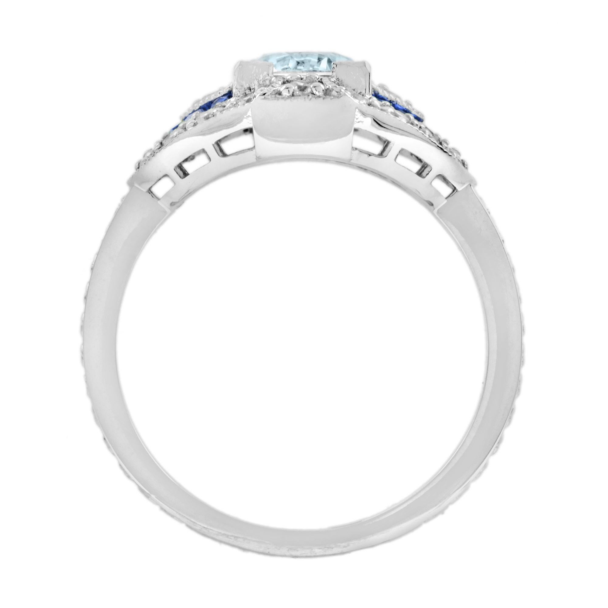Anillo de compromiso de oro blanco de 14 quilates con aguamarina redonda y zafiro azul y diamantes en Nuevo estado para la venta en Oakton, VA