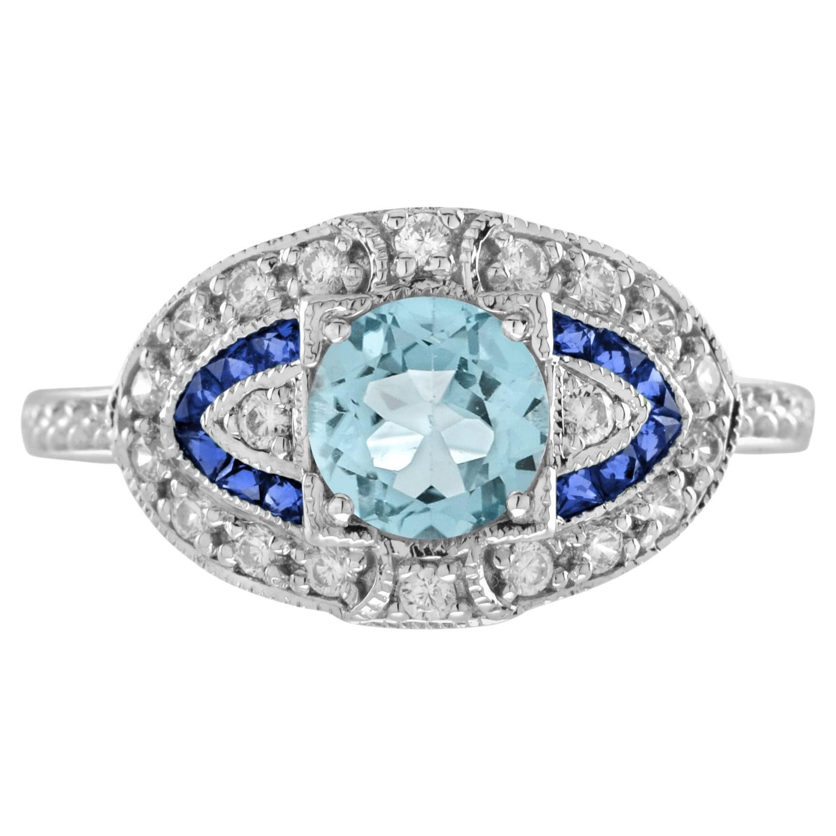 Runder Aquamarin & Blauer Saphir und Diamant Verlobungsring 14K Weißgold