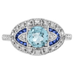 Runder Aquamarin & Blauer Saphir und Diamant Verlobungsring 14K Weißgold
