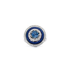 Round Aquamarine Blue Vitreous Enamel Ring in 18k White Gold 82 Diamonds G VS