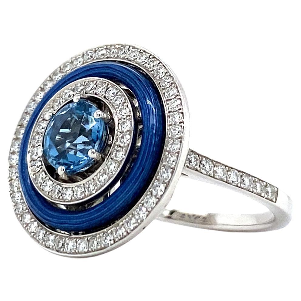 Round Aquamarine Blue Vitreous Enamel Ring in 18k White Gold 82 Diamonds G VS