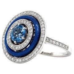 Round Aquamarine Blue Vitreous Enamel Ring in 18k White Gold 82 Diamonds G VS