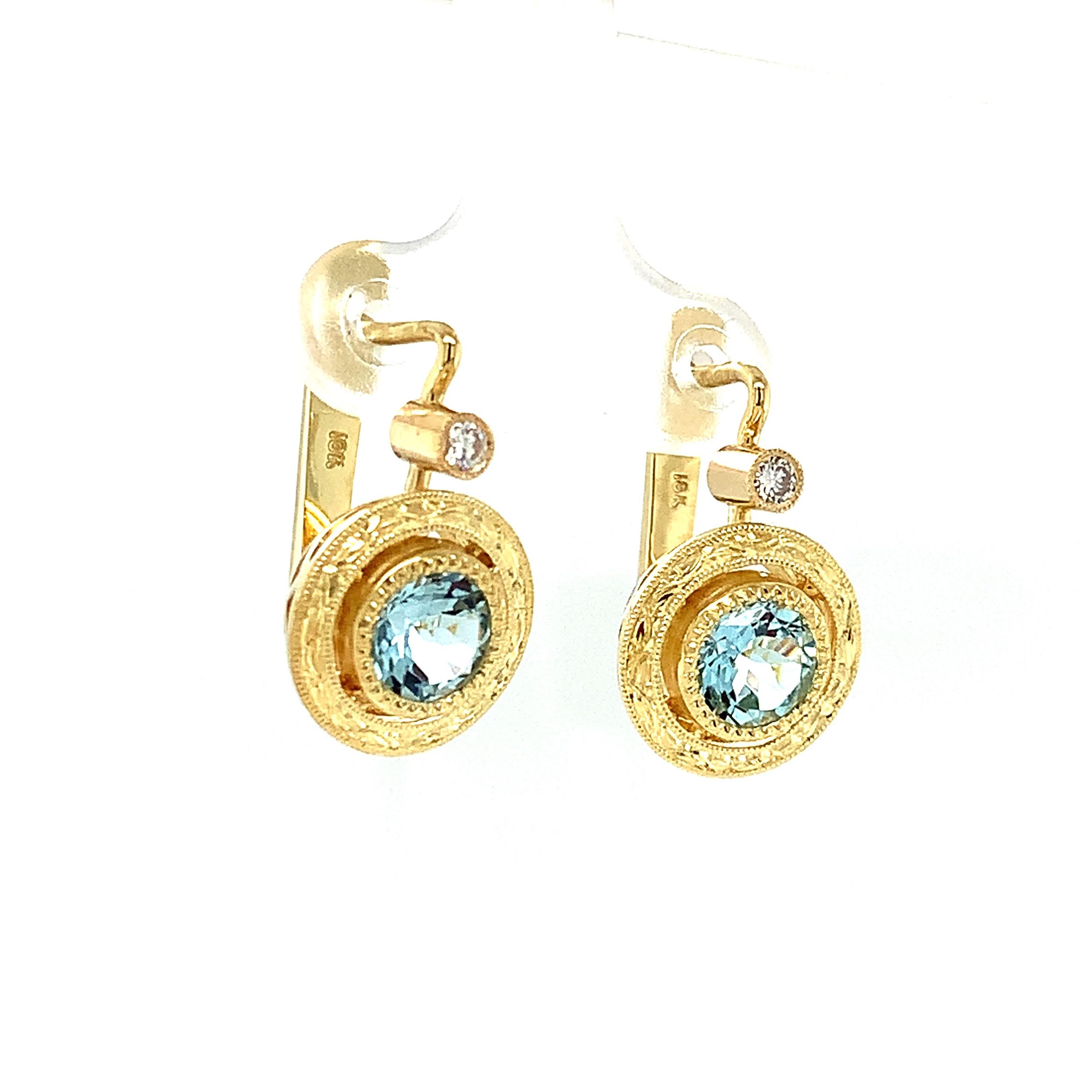 Round Aquamarine, Diamond, Yellow Gold Bezel, Lever Back Engraved Drop Earrings (Kunsthandwerker*in)
