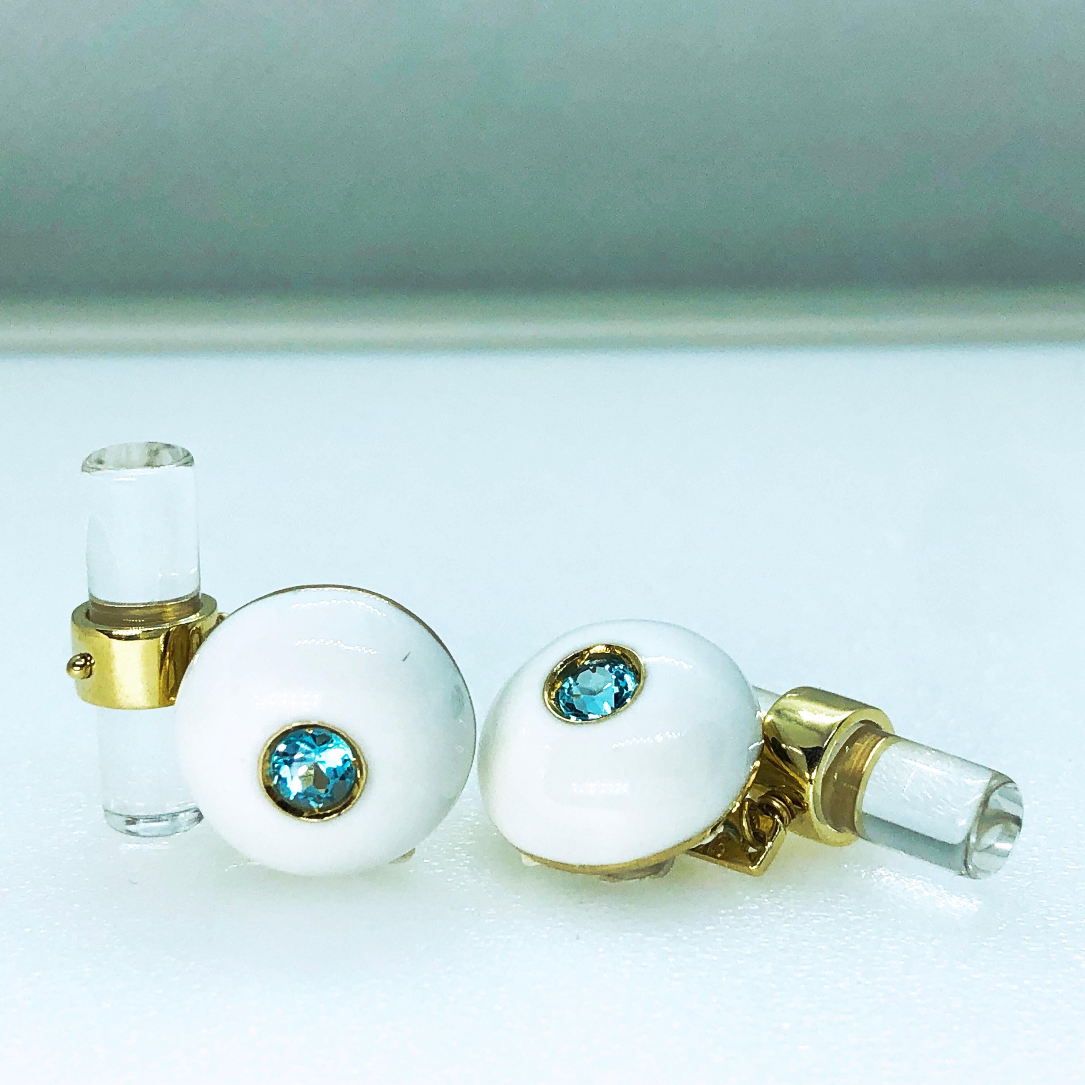 Berca Aquamarine White Hand Enameled Cabochon Rock Crystal Baton Back Cufflinks For Sale 5