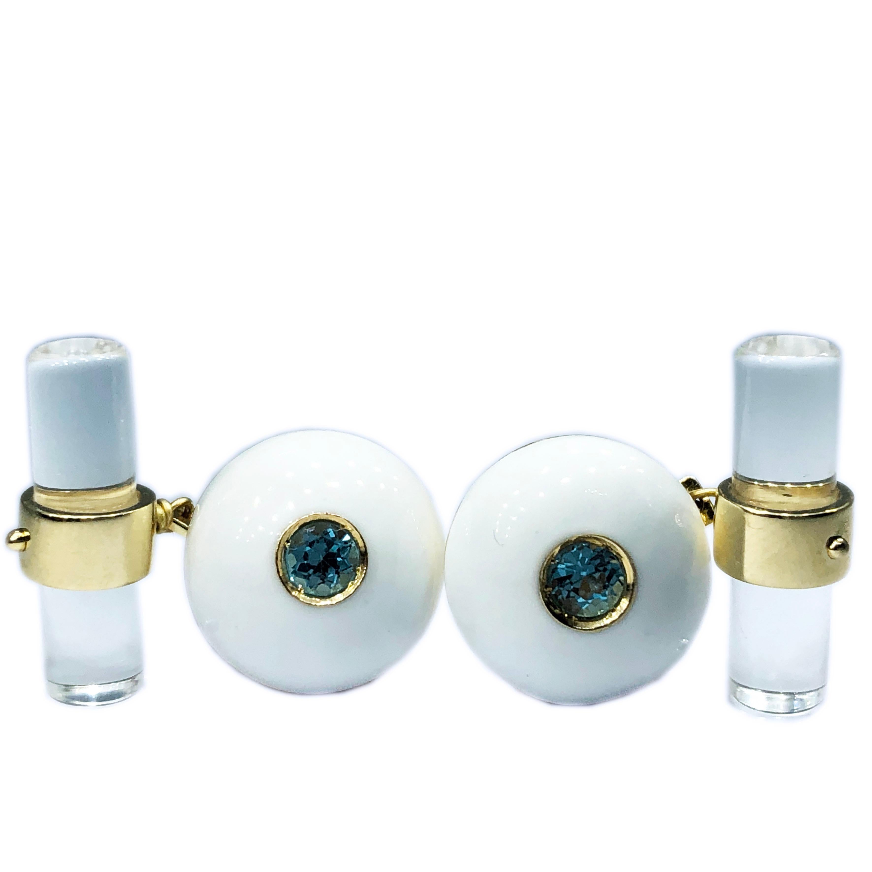 Round Cut Berca Aquamarine White Hand Enameled Cabochon Rock Crystal Baton Back Cufflinks For Sale