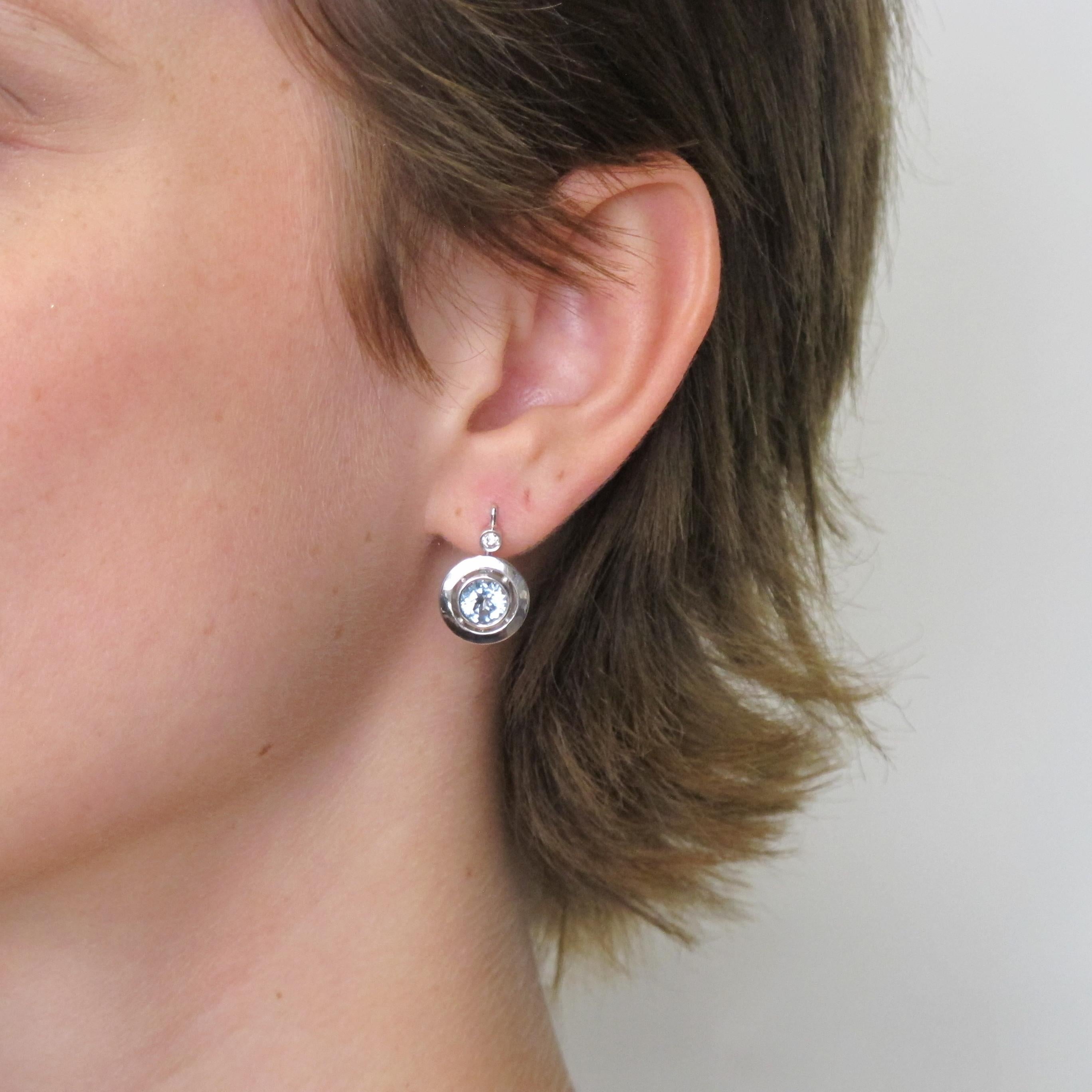 Women's Aquamarine and Diamond, White Gold Double Bezel, Lever Back Round Drop Earrings